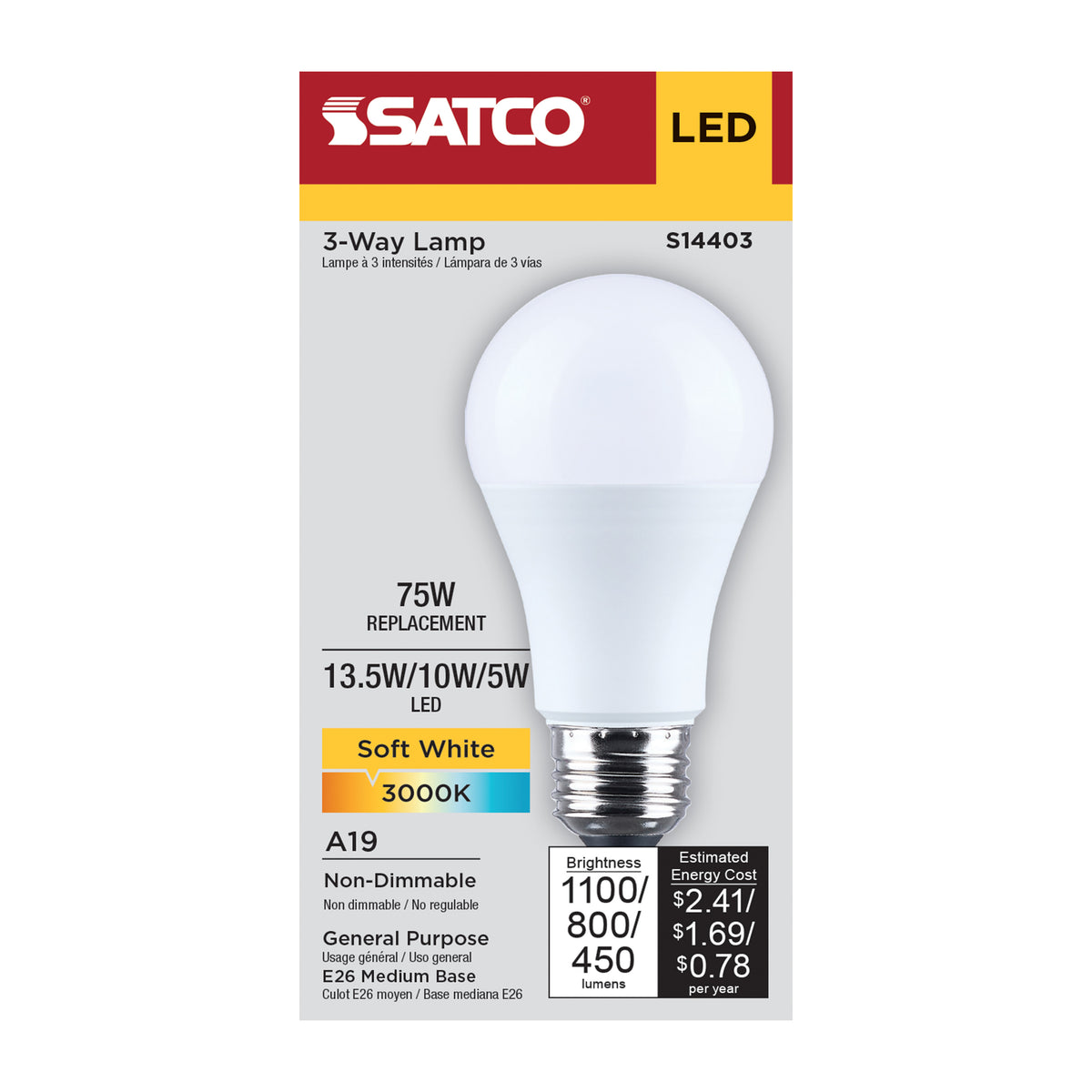 Satco S14403 13.5W/10W/5W A19 Soft White LED Light Bulb Medium Double Contact Base