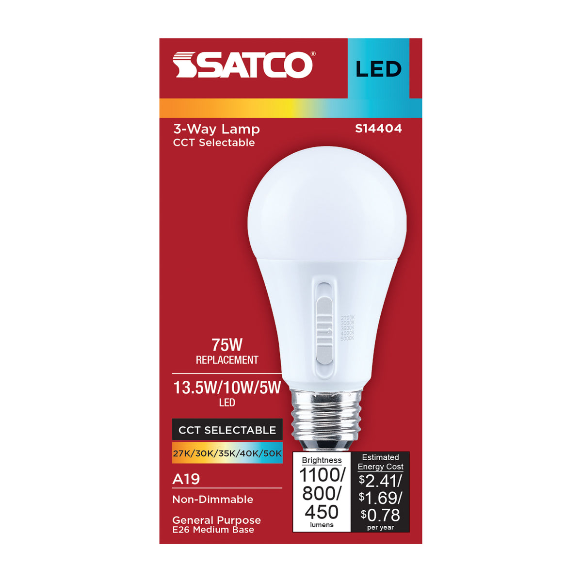 Satco S14404 13.5W/10W/5W A19 CCT Selectable LED Light Bulb Medium Double Contact Base