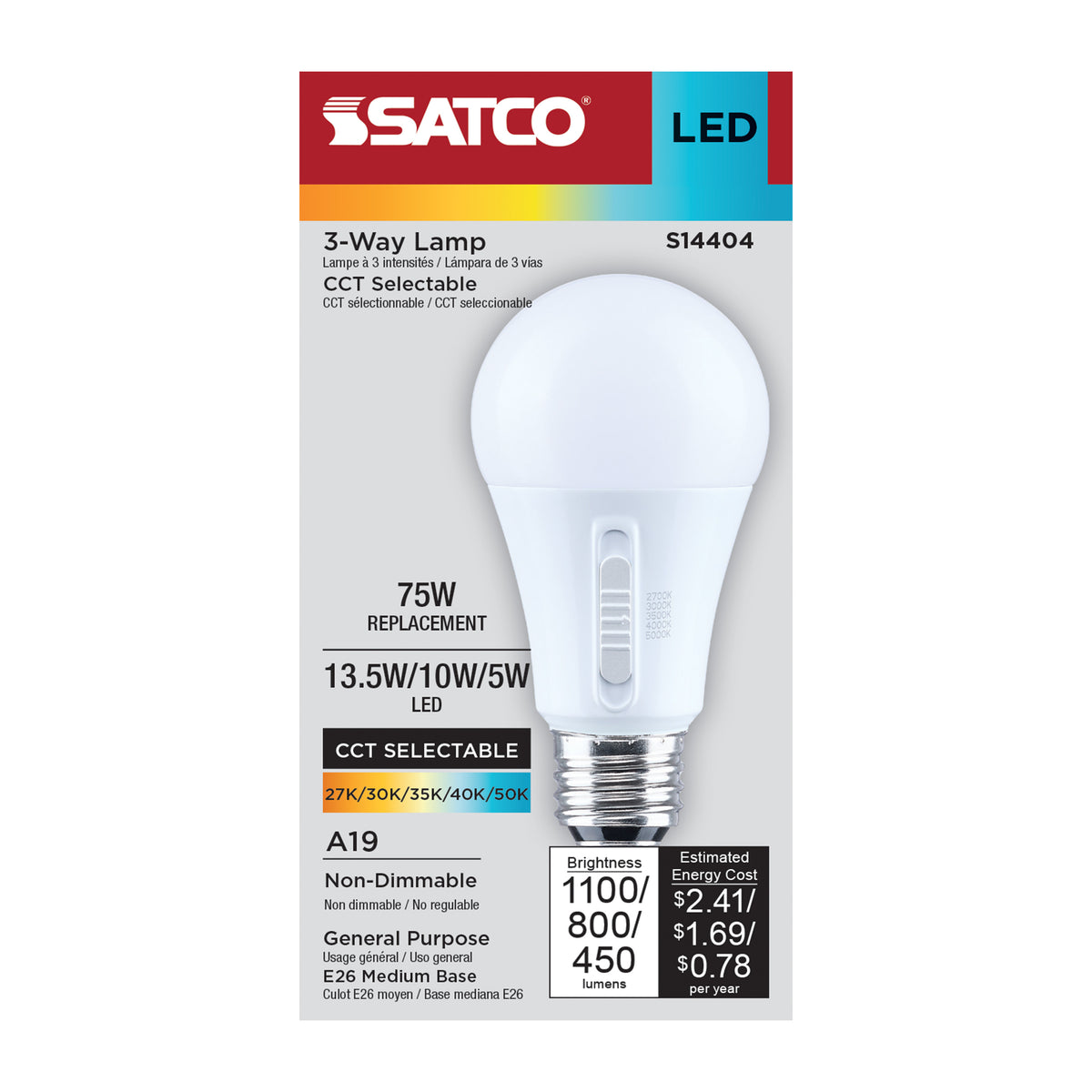 Satco S14404 13.5W/10W/5W A19 CCT Selectable LED Light Bulb Medium Double Contact Base