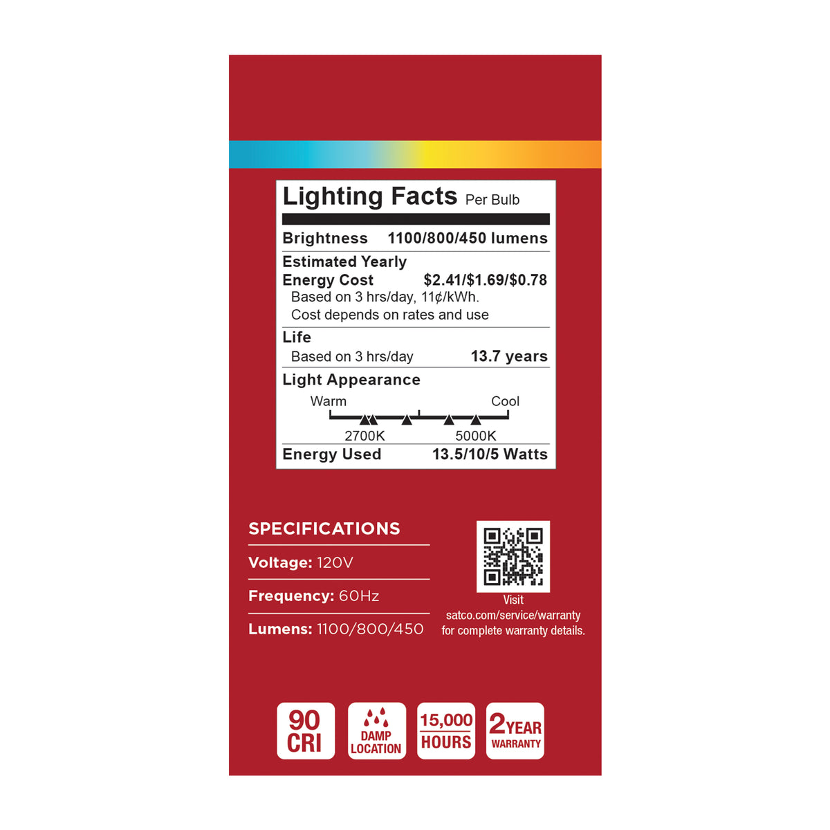 Satco S14404 13.5W/10W/5W A19 CCT Selectable LED Light Bulb Medium Double Contact Base