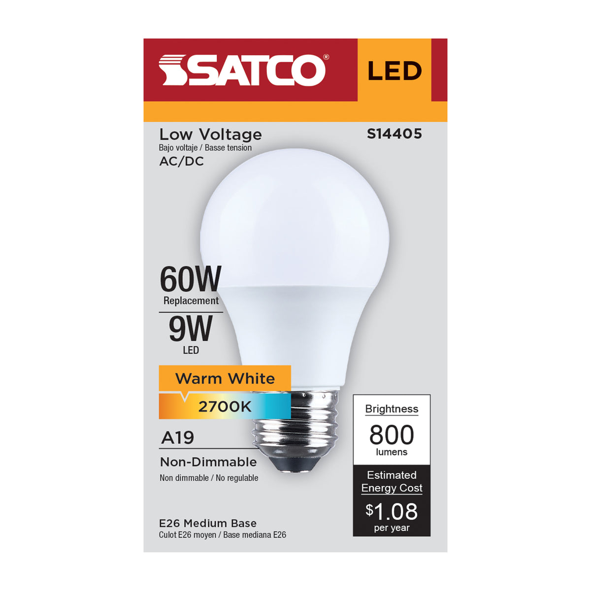 Satco S14405 9W A19 Warm White LED Light Bulb Medium Base