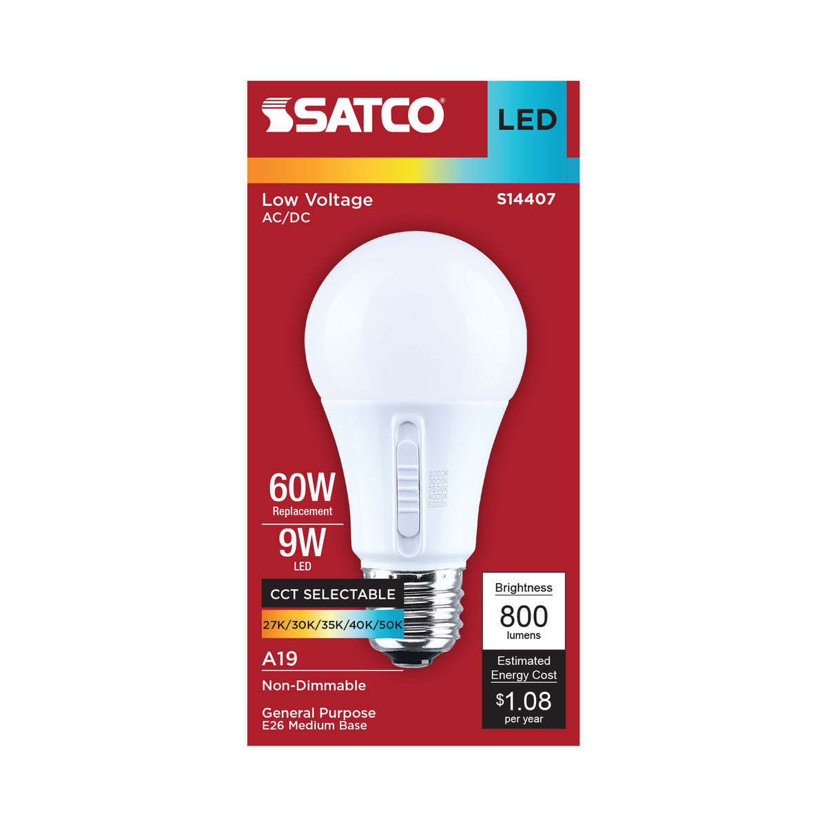 Satco S14407 9W A19 CCT Selectable LED Light Bulb Medium Base