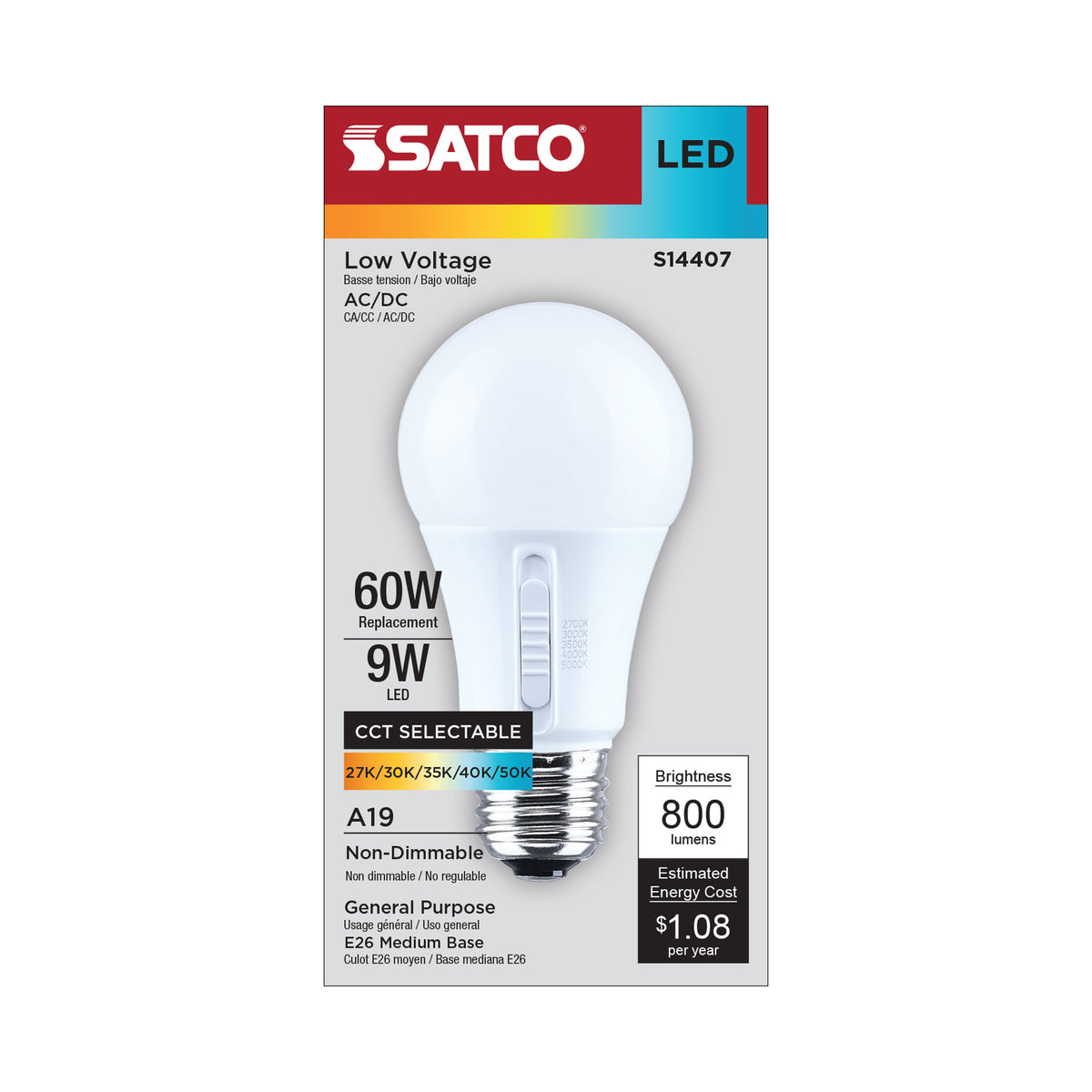 Satco S14407 9W A19 CCT Selectable LED Light Bulb Medium Base