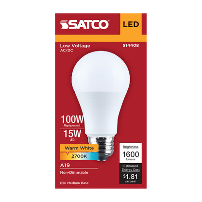 Satco S14408 15W A19 Warm White LED Light Bulb Medium Base