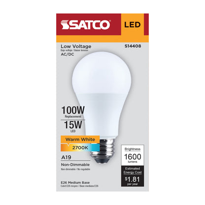 Satco S14408 15W A19 Warm White LED Light Bulb Medium Base