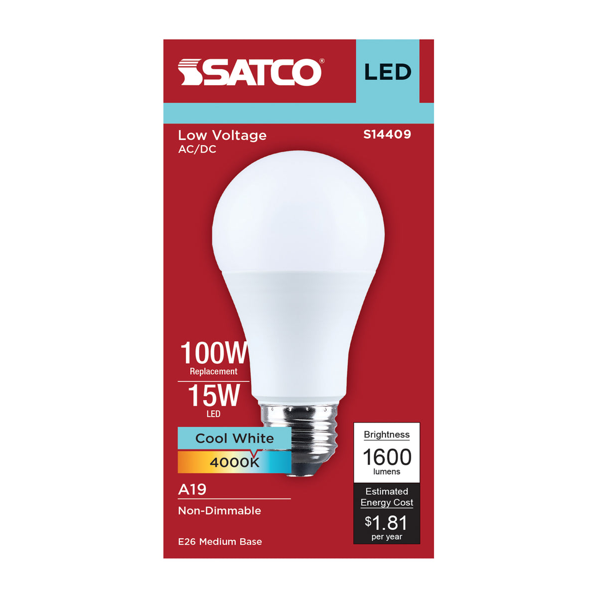 Satco S14409 15W A19 Cool White LED Light Bulb Medium Base