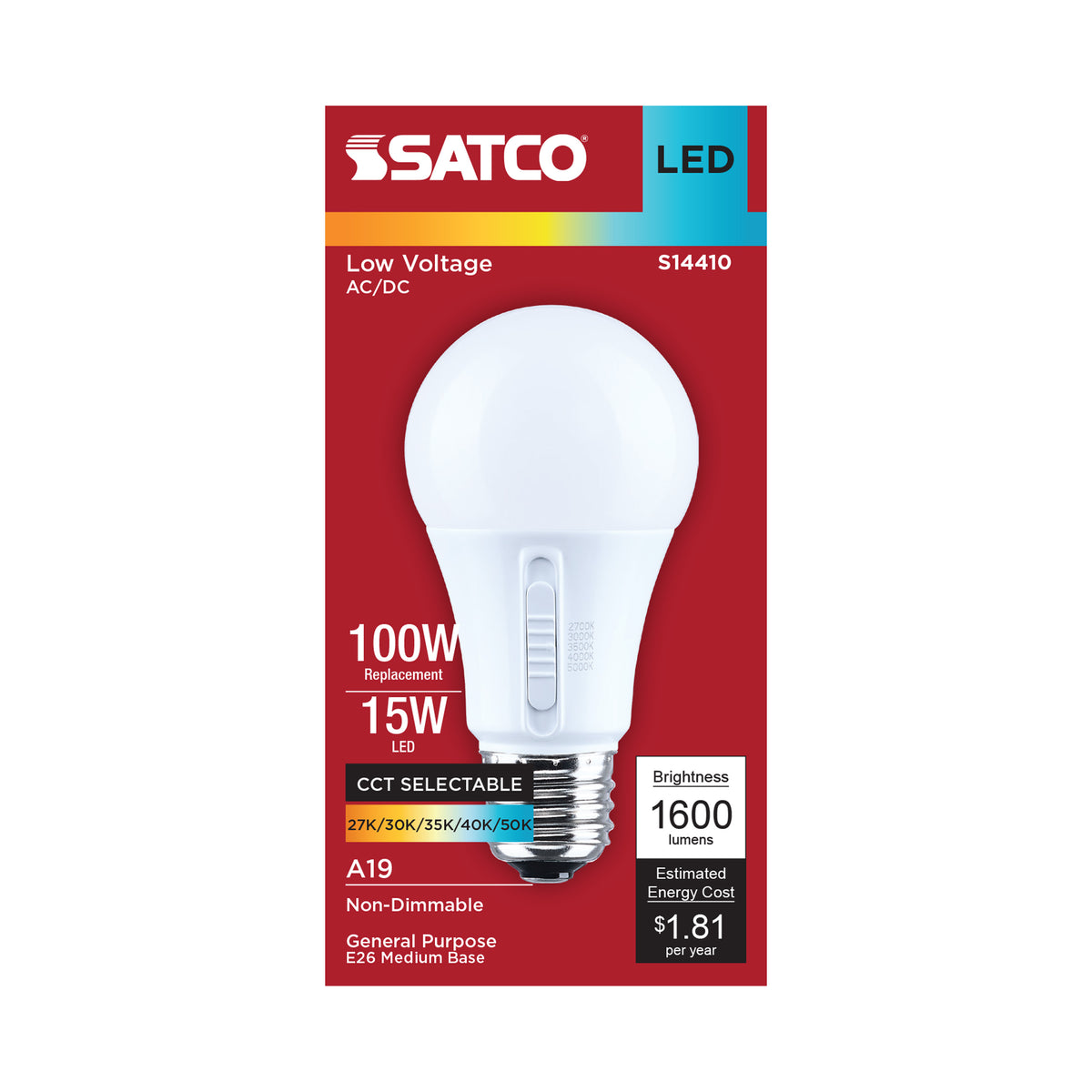 Satco S14410 15W A19 CCT Selectable LED Light Bulb Medium Base