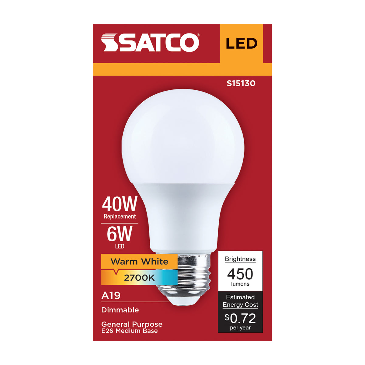 Satco S15130 6W A19 Warm White LED Light Bulb Medium Base