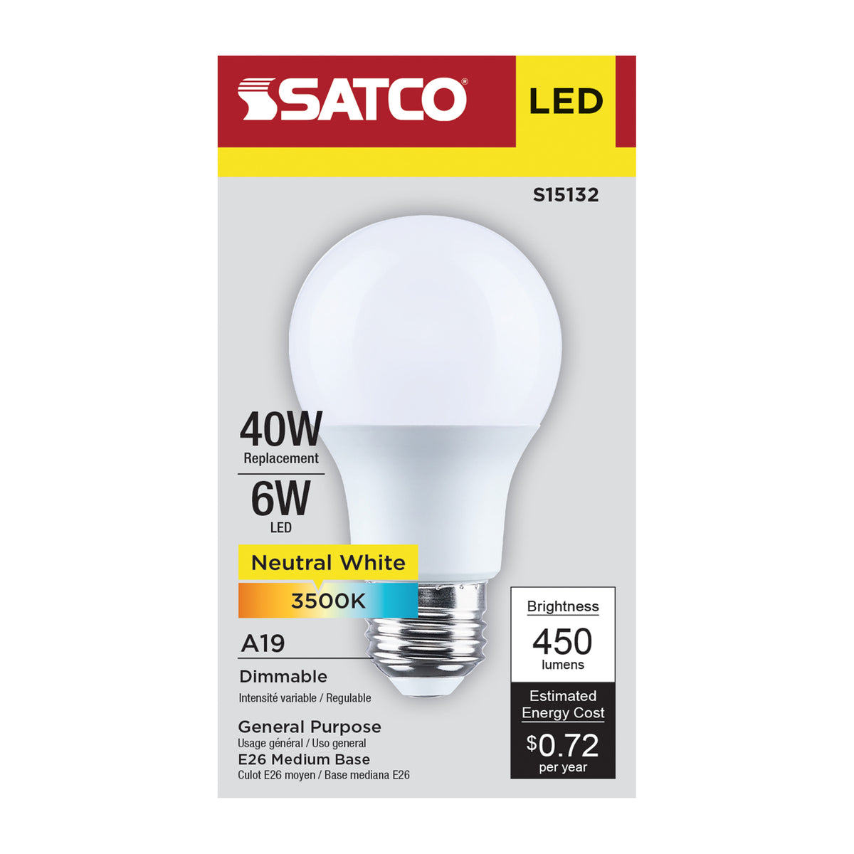 Satco S15132 6W A19 Neutral White LED Light Bulb Medium Base