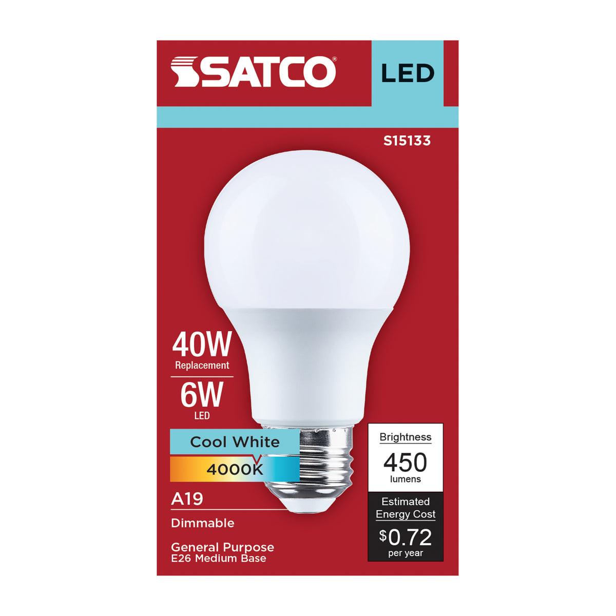 Satco S15133 6W A19 Cool White LED Light Bulb Medium Base