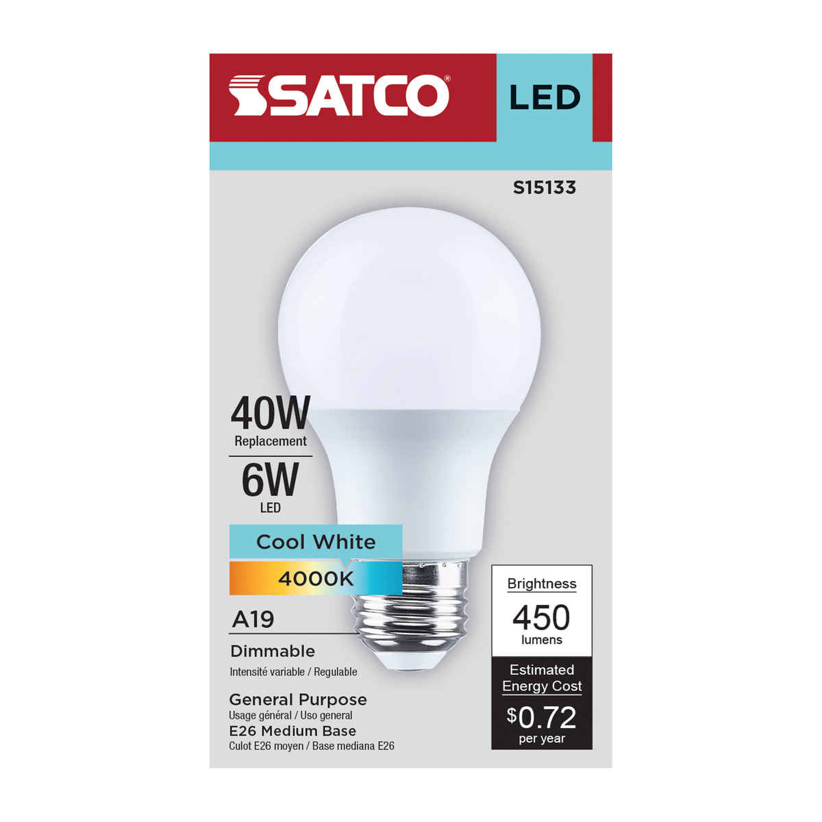 Satco S15133 6W A19 Cool White LED Light Bulb Medium Base