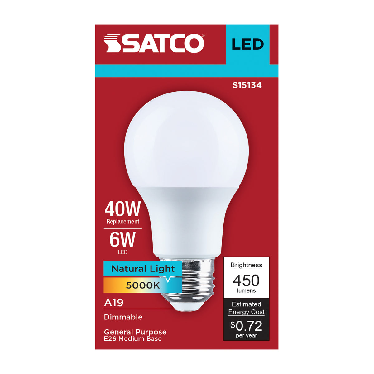 Satco S15134 6W A19 Natural Light LED Light Bulb Medium Base