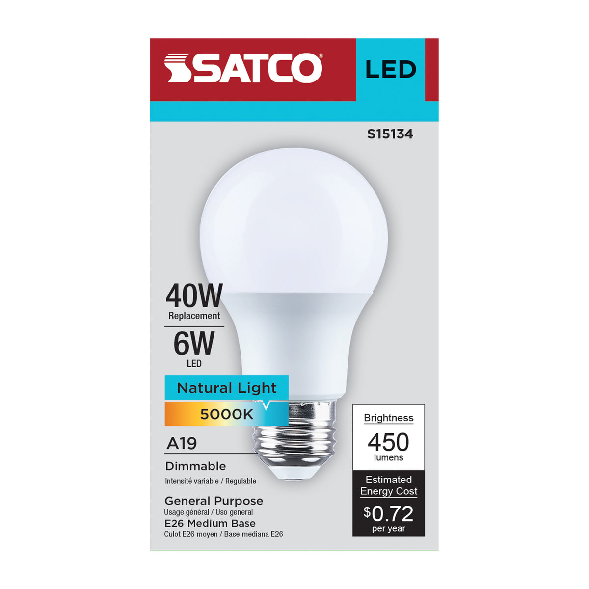 Satco S15134 6W A19 Natural Light LED Light Bulb Medium Base