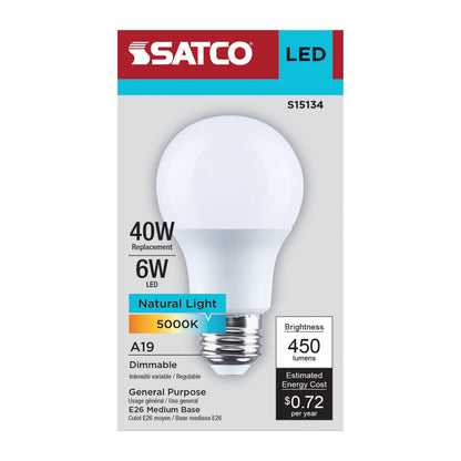 Satco S15134 6W A19 Natural Light LED Light Bulb Medium Base