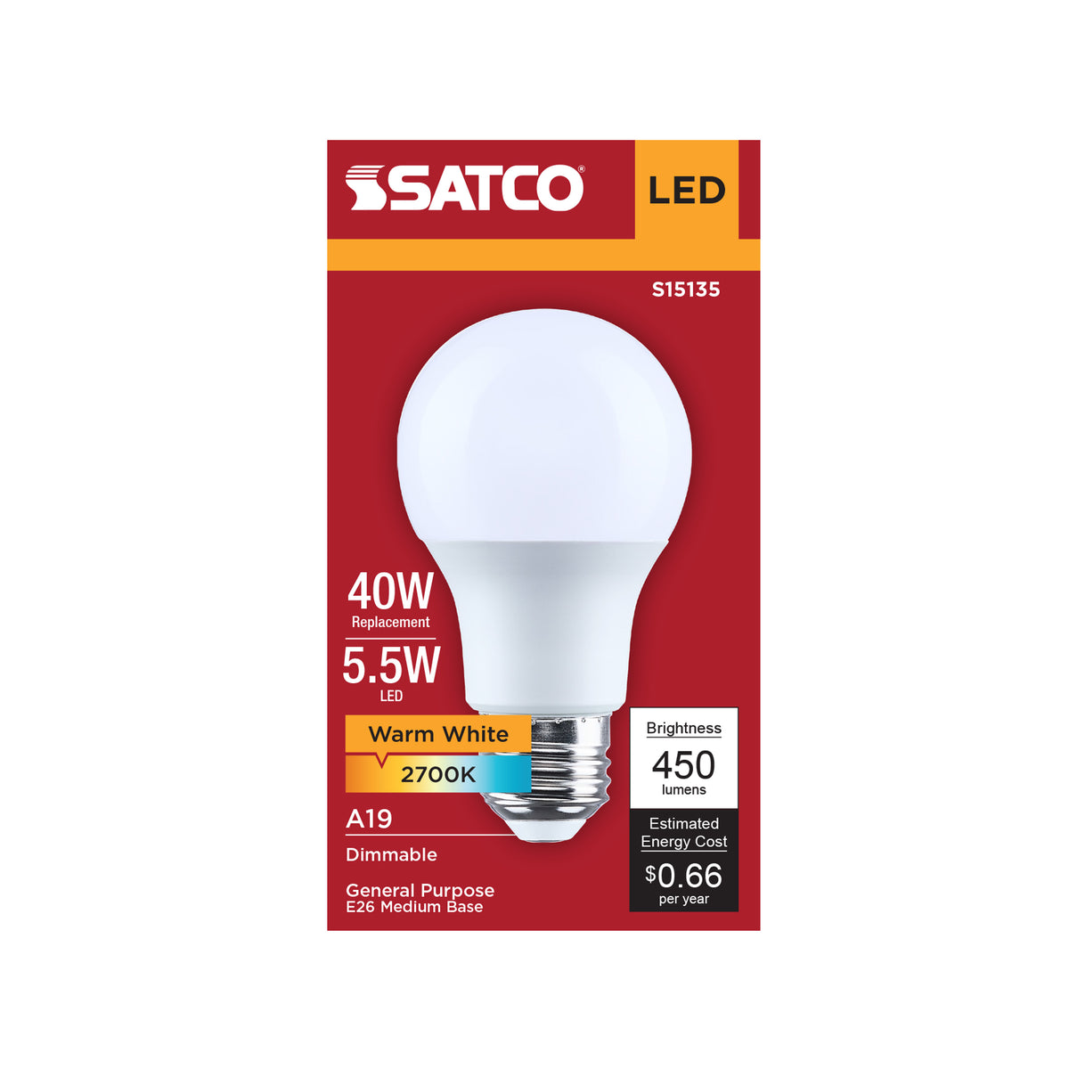 Satco S15135 5.5W A19 Warm White LED Light Bulb Medium Base