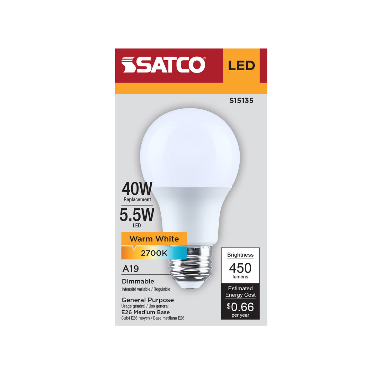 Satco S15135 5.5W A19 Warm White LED Light Bulb Medium Base