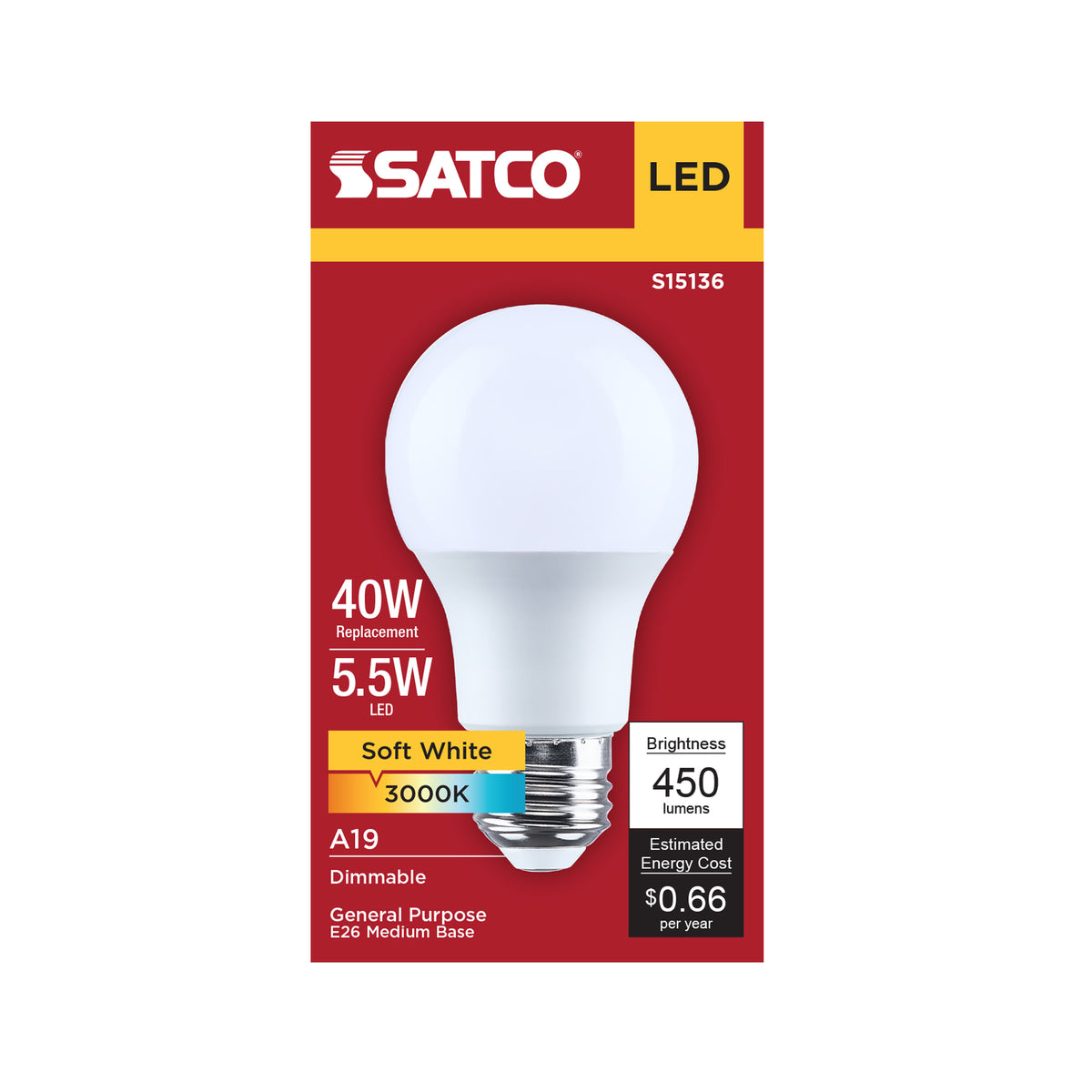 Satco S15136 5.5W A19 Soft White LED Light Bulb Medium Base