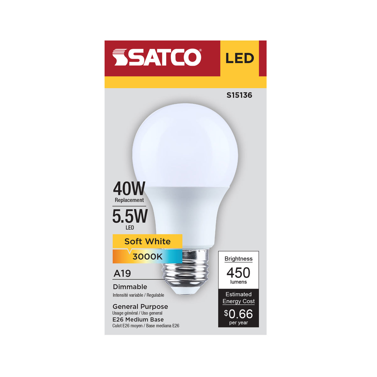 Satco S15136 5.5W A19 Soft White LED Light Bulb Medium Base