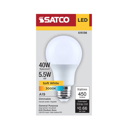 Satco S15136 5.5W A19 Soft White LED Light Bulb Medium Base