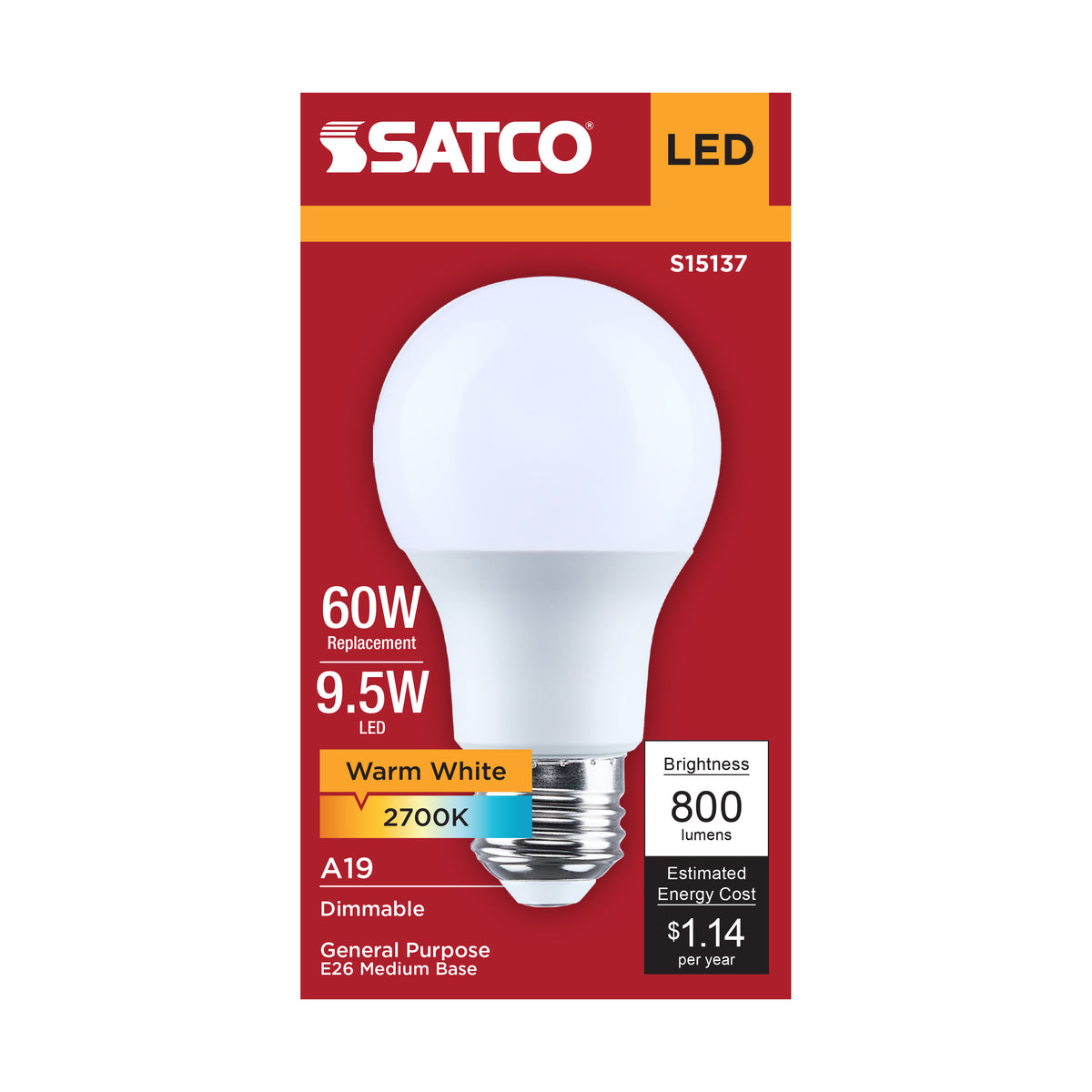 Satco S15137 9.5W A19 Warm White LED Light Bulb Medium Base