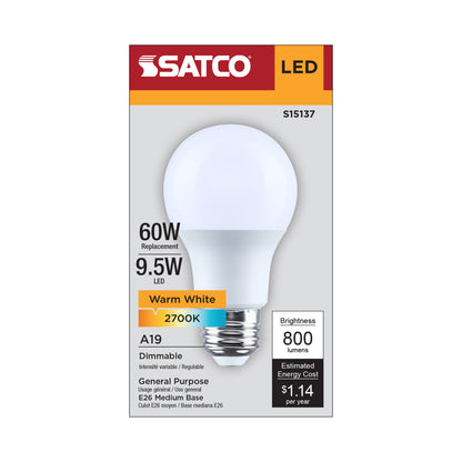 Satco S15137 9.5W A19 Warm White LED Light Bulb Medium Base