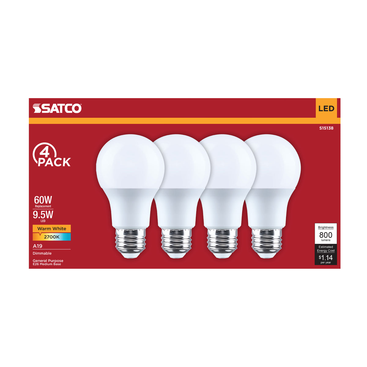 Satco S15138 9.5W A19 Warm White LED Light Bulb Medium Base