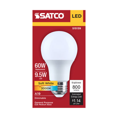 Satco S15139 9.5W A19 Soft White LED Light Bulb Medium Base