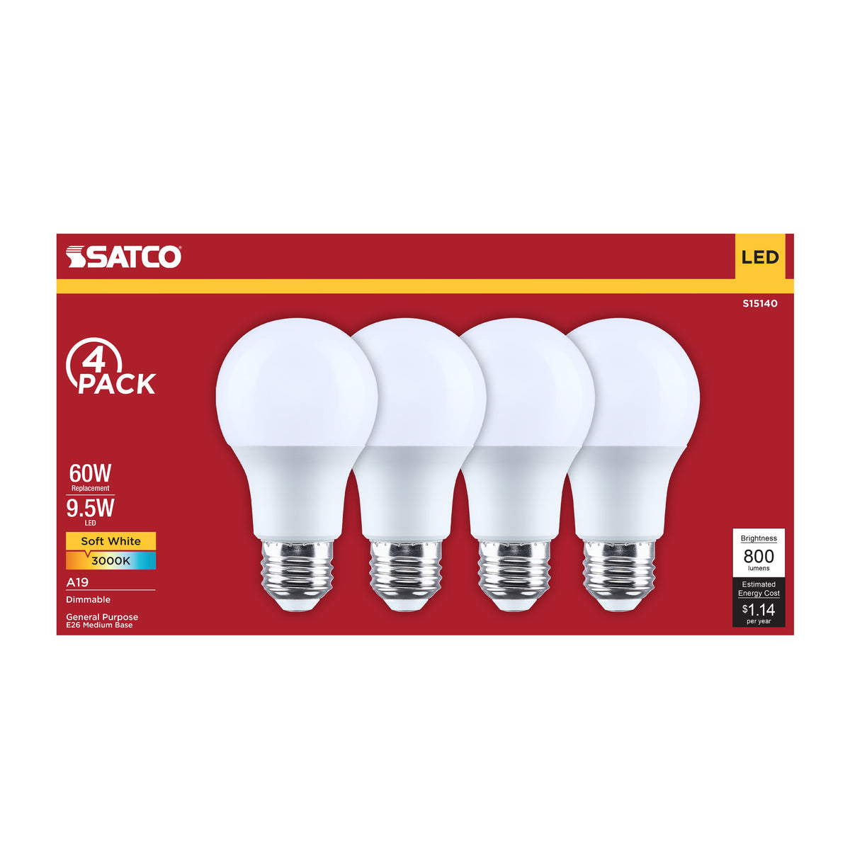 Satco S15140 9.5W A19 Soft White LED Light Bulb Medium Base