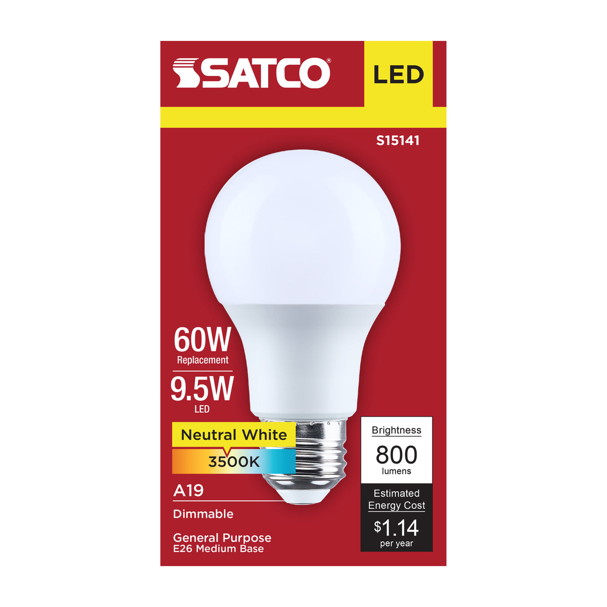 Satco S15141 9.5W A19 Neutral White LED Light Bulb Medium Base