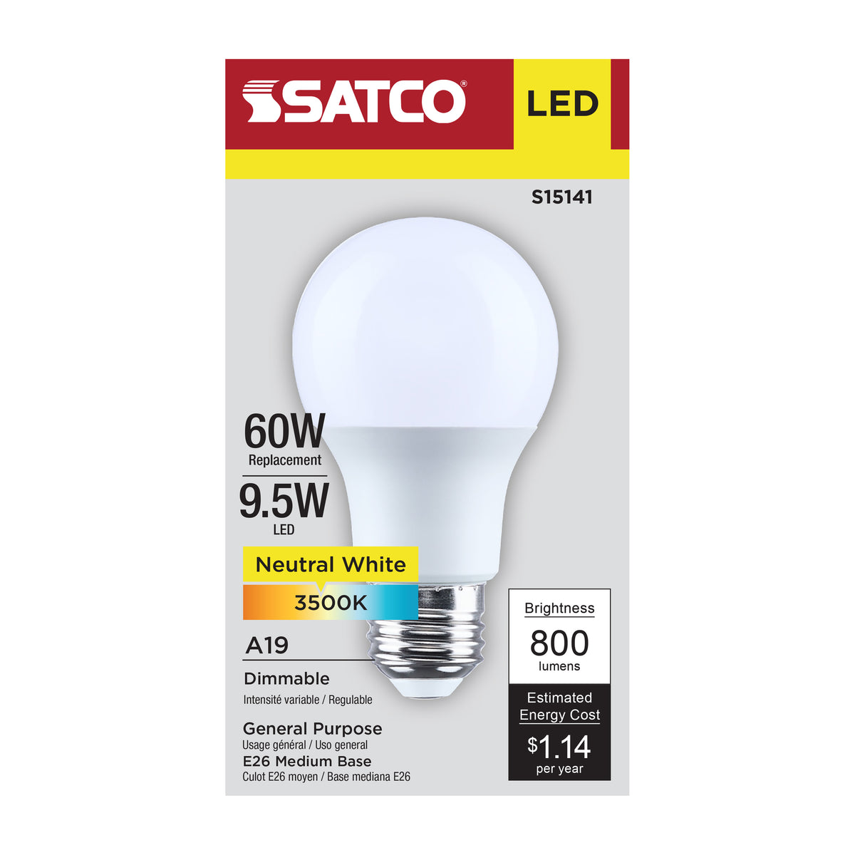 Satco S15141 9.5W A19 Neutral White LED Light Bulb Medium Base