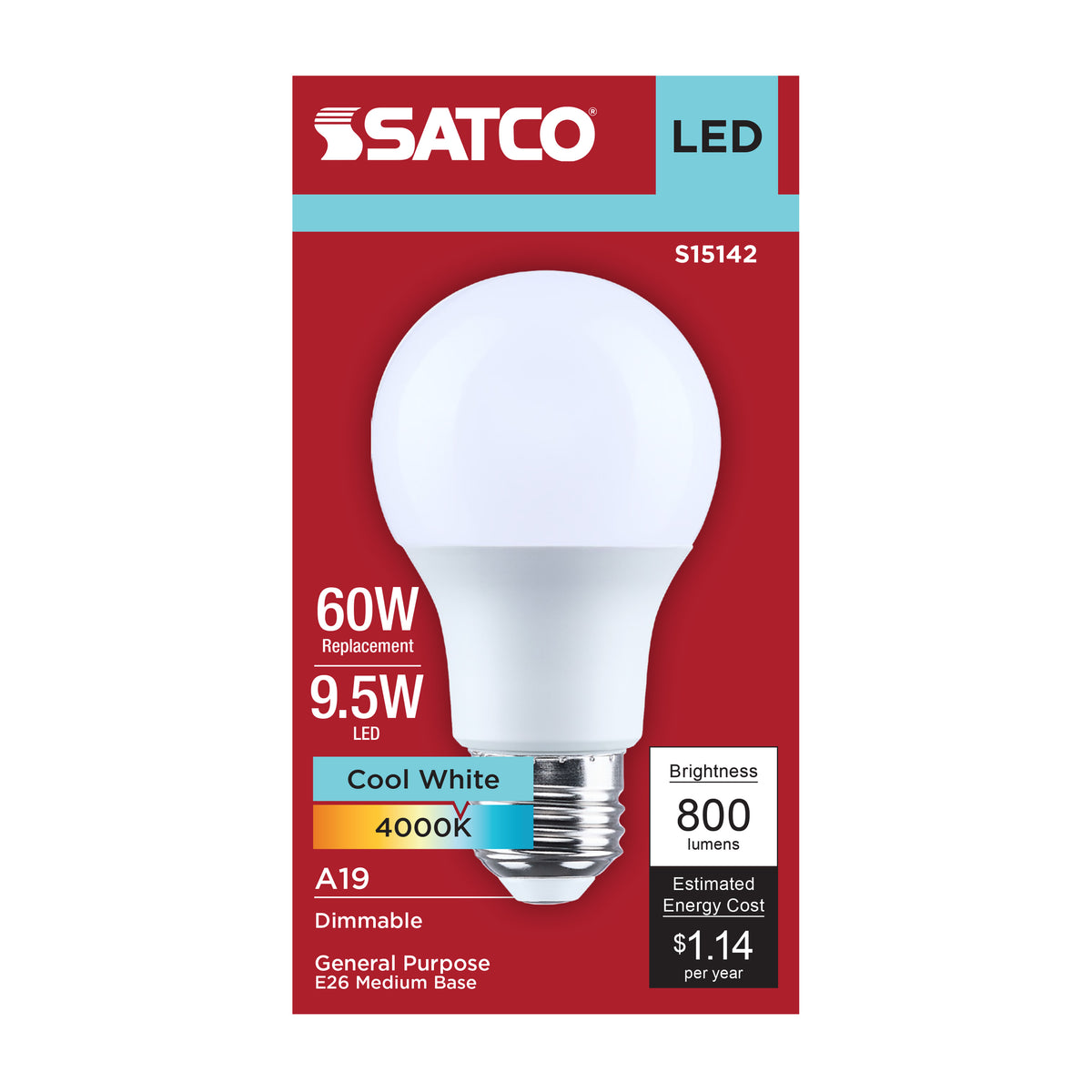 Satco S15142 9.5W A19 Cool White LED Light Bulb Medium Base