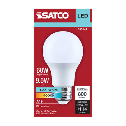 Satco S15142 9.5W A19 Cool White LED Light Bulb Medium Base
