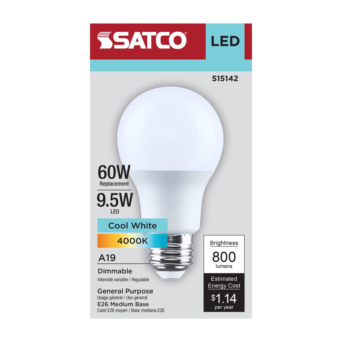 Satco S15142 9.5W A19 Cool White LED Light Bulb Medium Base