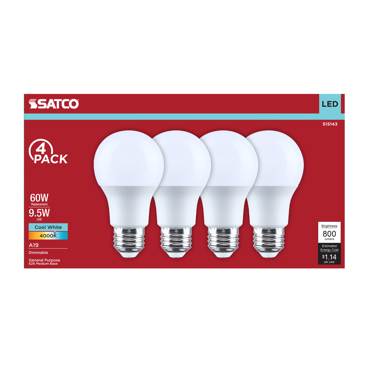 Satco S15143 9.5W A19 Cool White LED Light Bulb Medium Base