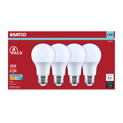 Satco S15143 9.5W A19 Cool White LED Light Bulb Medium Base