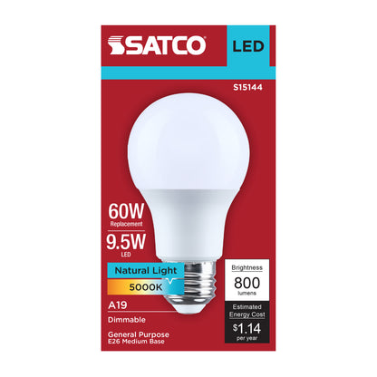 Satco S15144 9.5W A19 Natural Light LED Light Bulb Medium Base