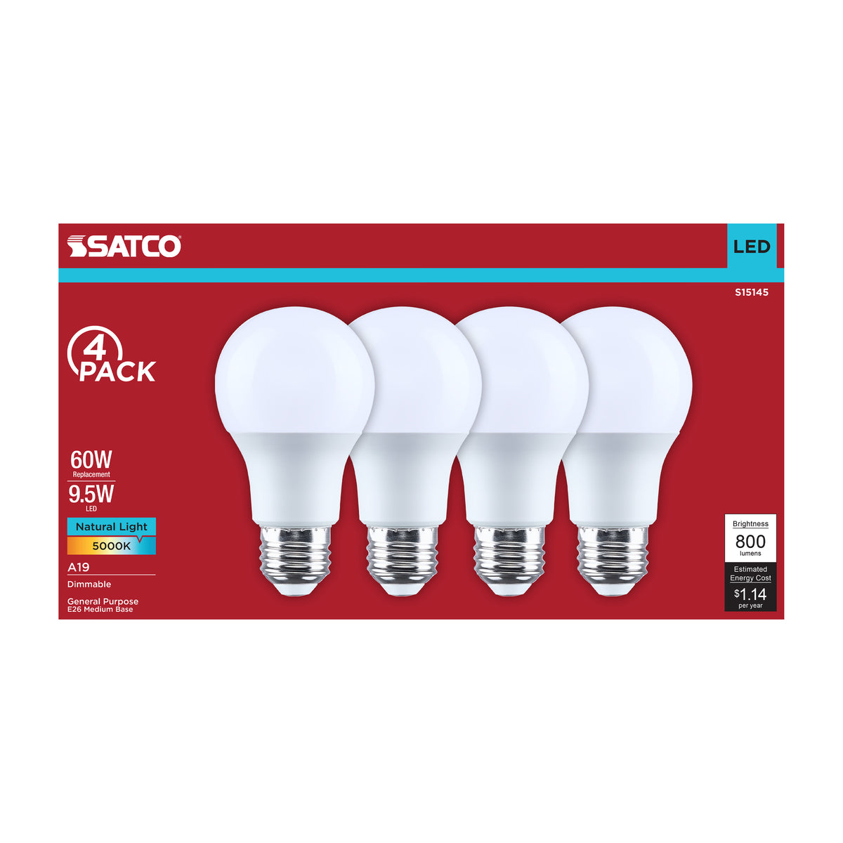 Satco S15145 9.5W A19 Natural Light LED Light Bulb Medium Base