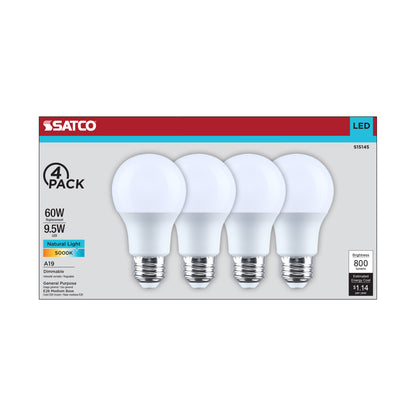 Satco S15145 9.5W A19 Natural Light LED Light Bulb Medium Base