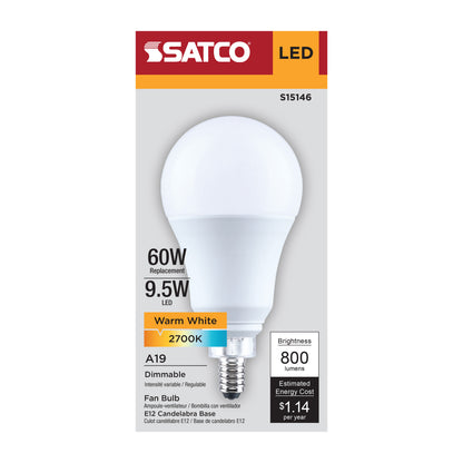 Satco S15146 9.5W A19 Warm White LED Light Bulb Candelabra Base