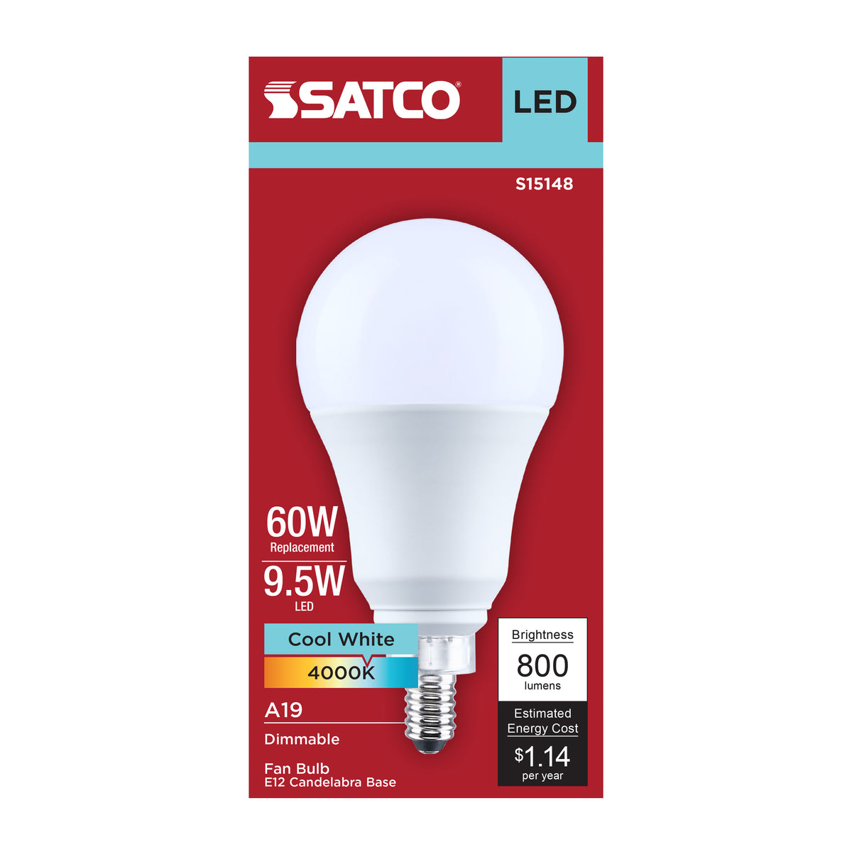 Satco S15148 9.5W A19 Cool White LED Light Bulb Candelabra Base