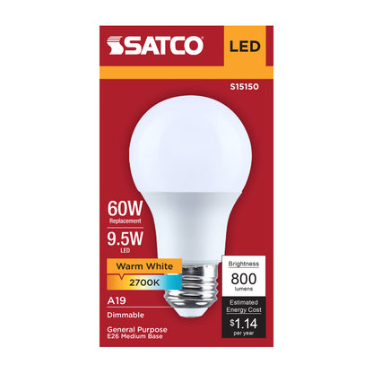 Satco S15150 9.5W A19 Warm White LED Light Bulb Medium Base