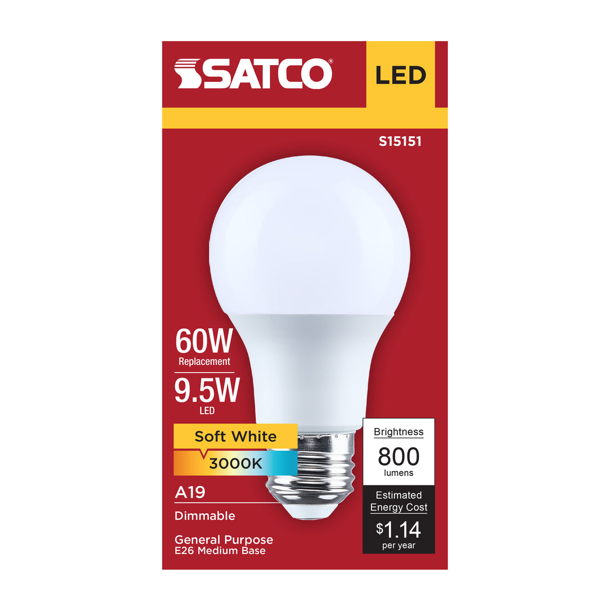 Satco S15151 9.5W A19 Soft White LED Light Bulb Medium Base