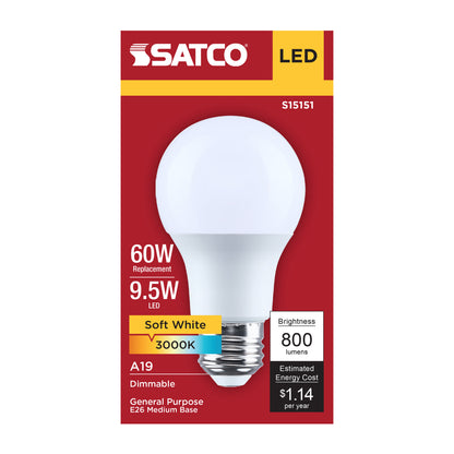 Satco S15151 9.5W A19 Soft White LED Light Bulb Medium Base