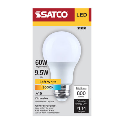 Satco S15151 9.5W A19 Soft White LED Light Bulb Medium Base