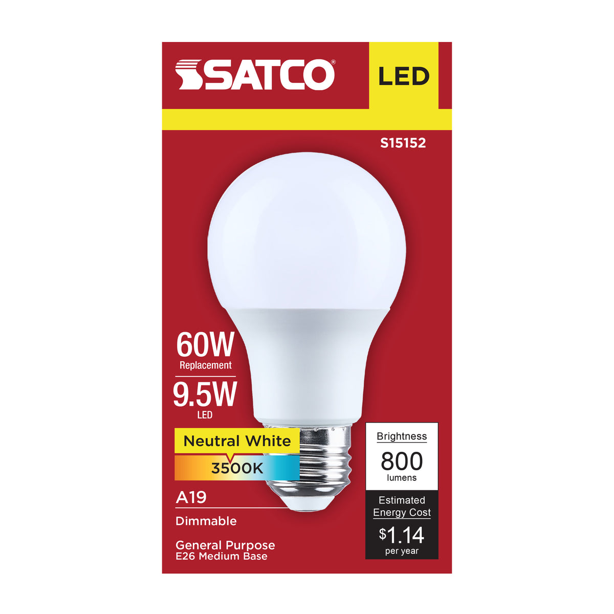 Satco S15152 9.5W A19 Neutral White LED Light Bulb Medium Base