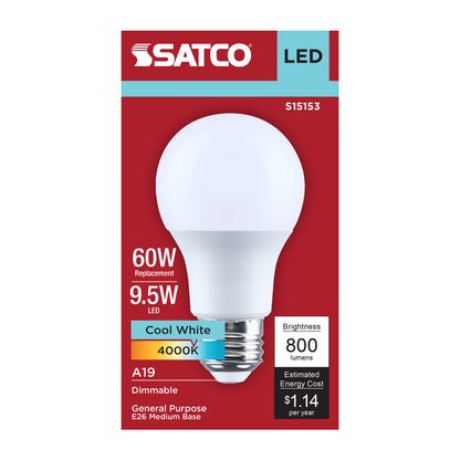Satco S15153 9.5W A19 Cool White LED Light Bulb Medium Base