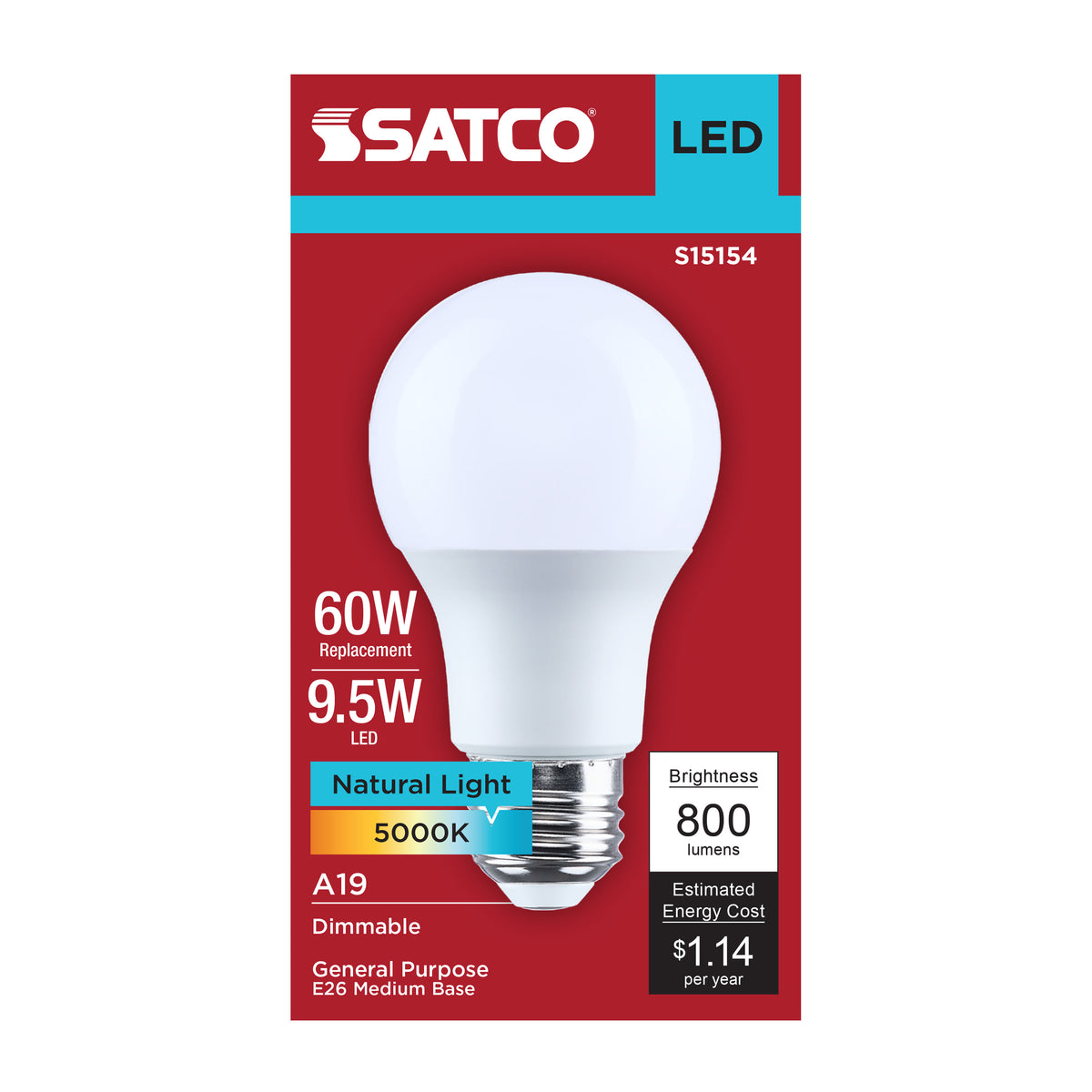Satco S15154 9.5W A19 Natural Light LED Light Bulb Medium Base