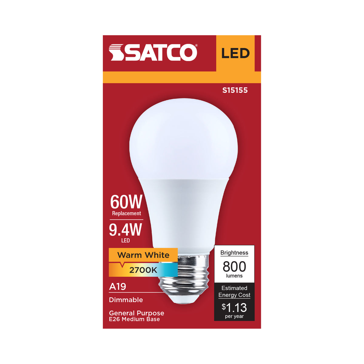 Satco S15155 9.4W A19 Warm White LED Light Bulb Medium Base