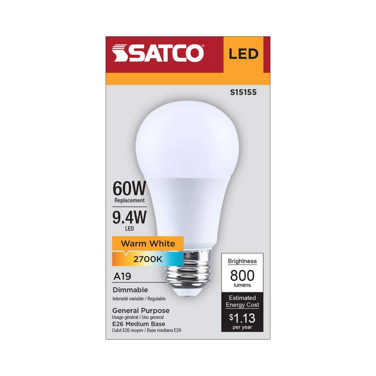 Satco S15155 9.4W A19 Warm White LED Light Bulb Medium Base