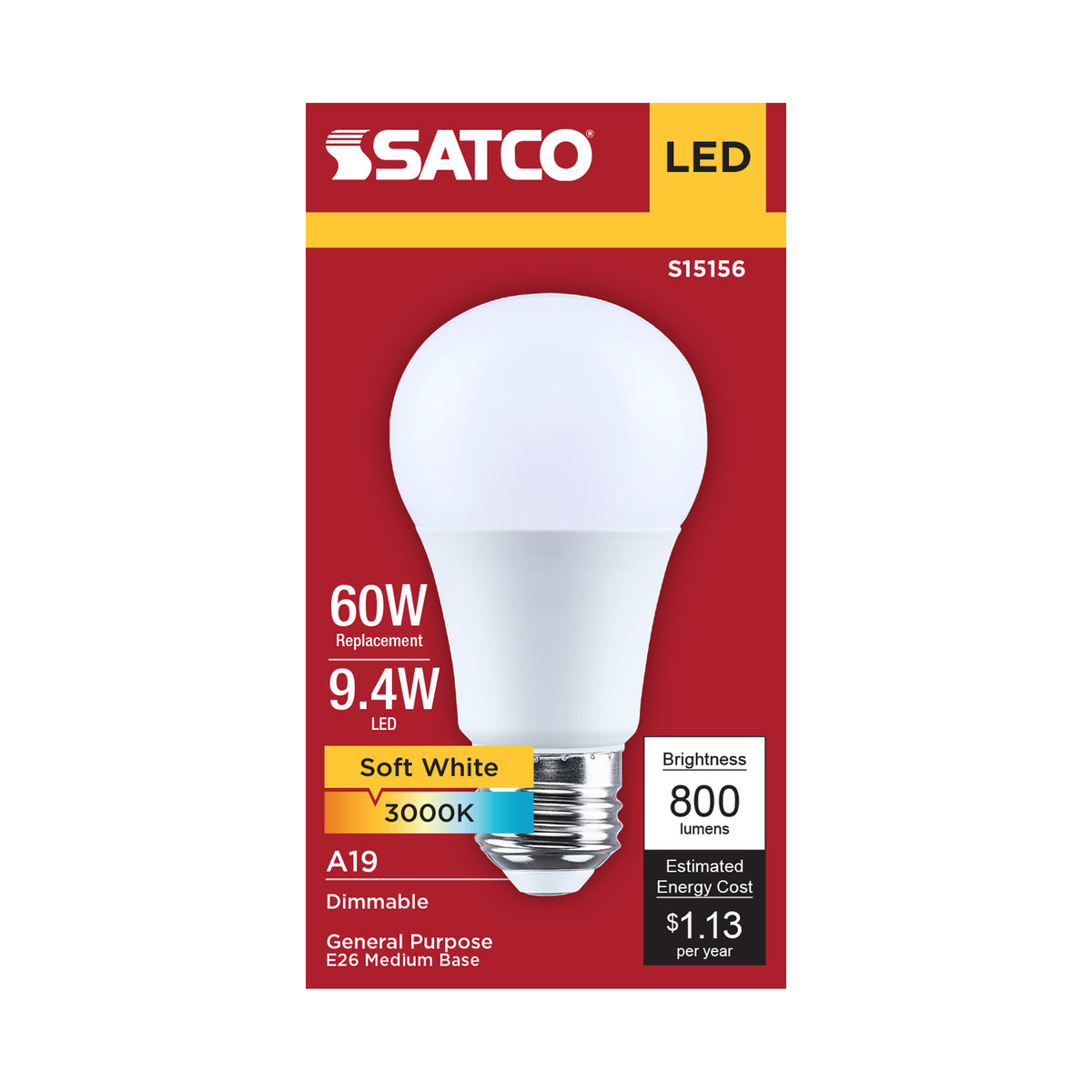 Satco S15156 9.4W A19 Soft White LED Light Bulb Medium Base